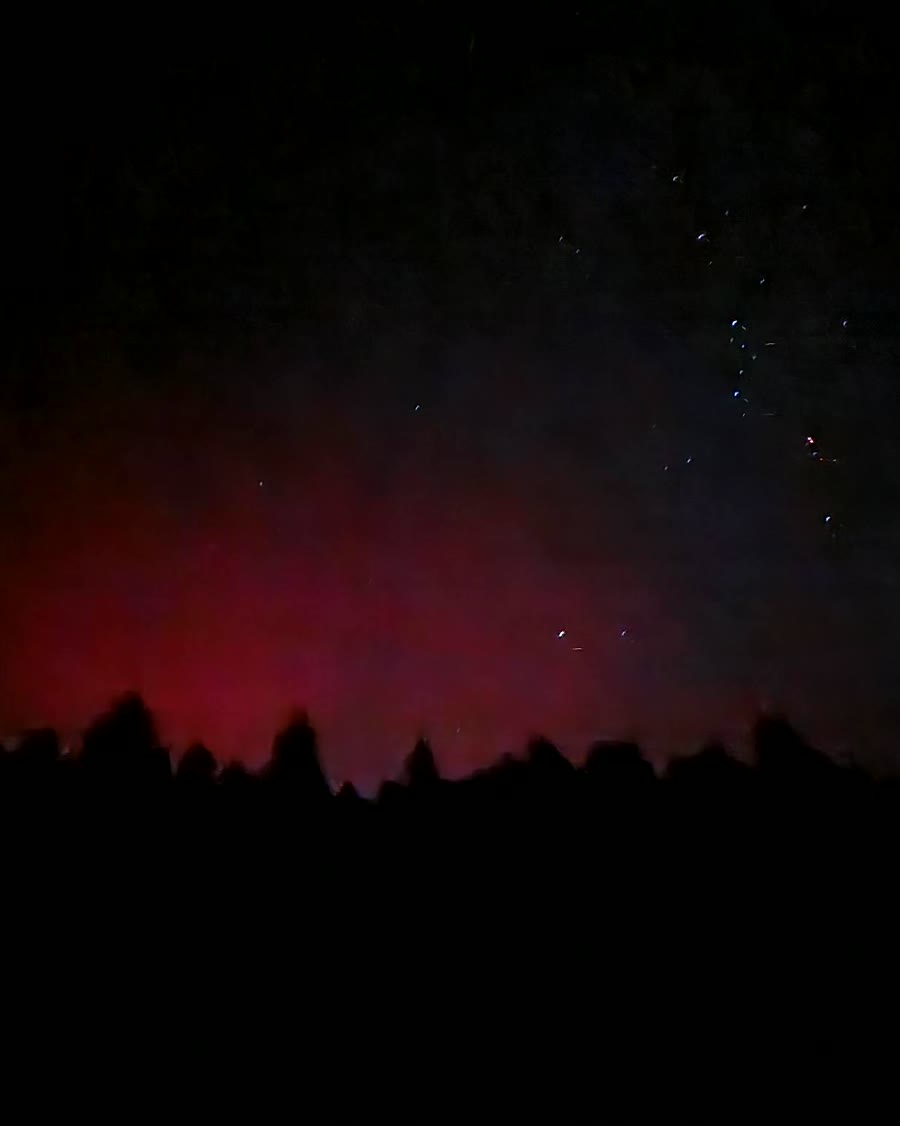 Red aurora over the pines at Valley View Retreat